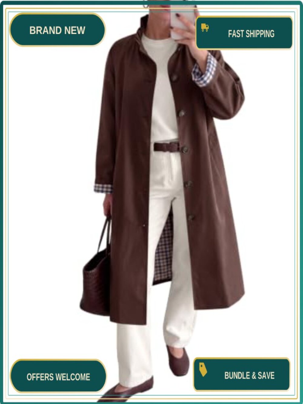 Oversized Long Trench Coat Ruffle Collar Plaid Lining Button Down